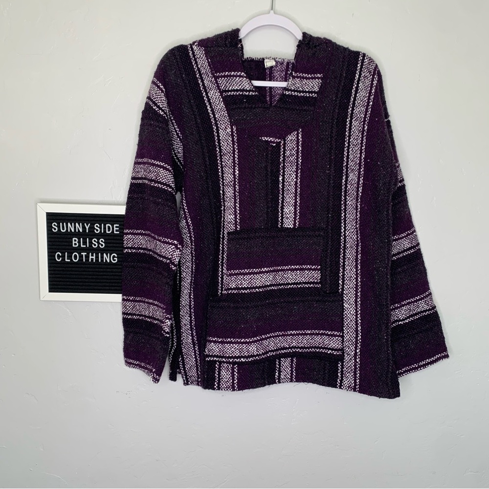 Baja Joe Purple Mexican Boho Hoodie Sweater Knit Pullover Kangaroo Pocket S/M